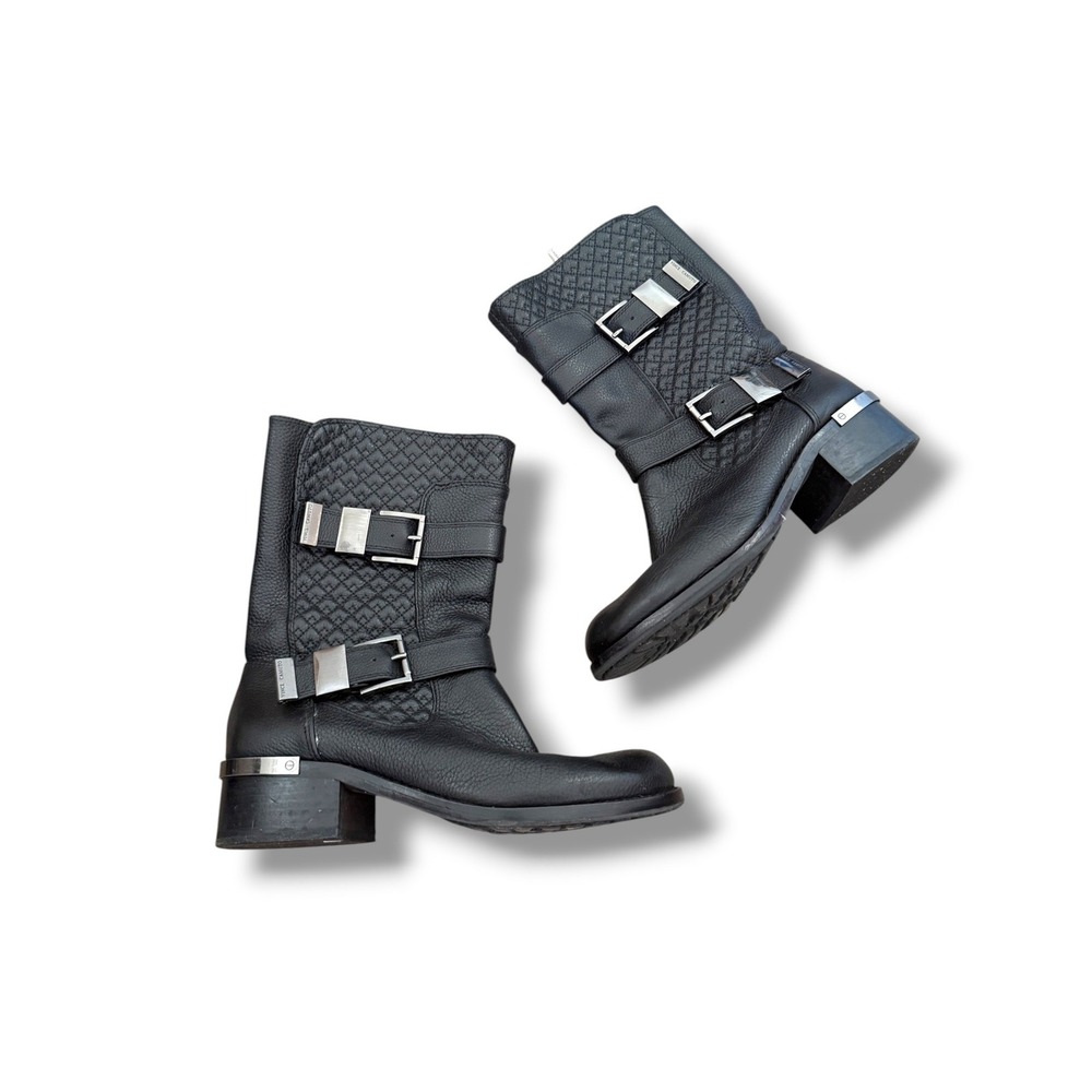 Vince Camuto Welton Moto Boots Womens 8M Black Leather Quilted Buckle VC-WELTON